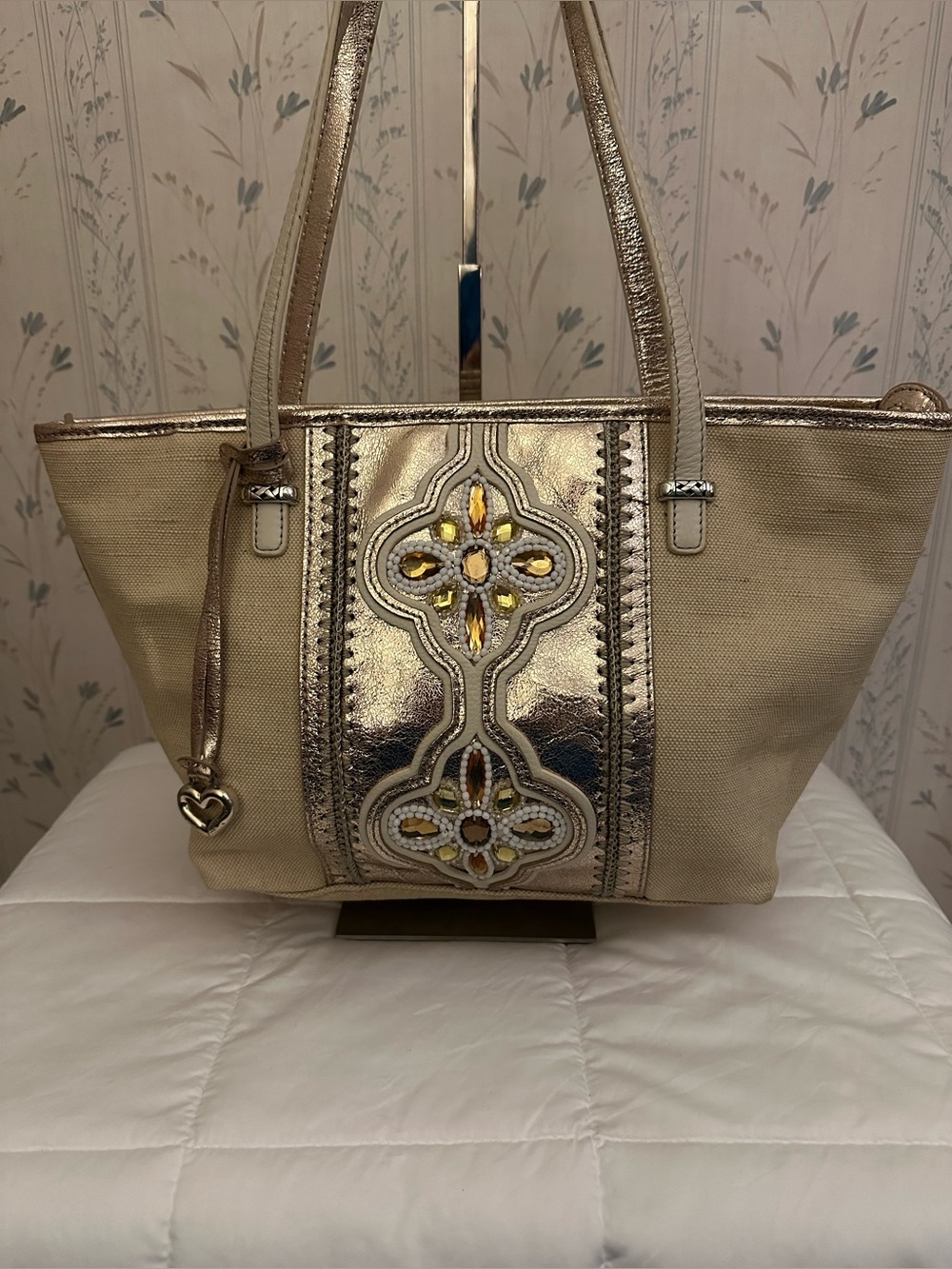 Brighton Gold and Beige Tote with Jeweled Accent